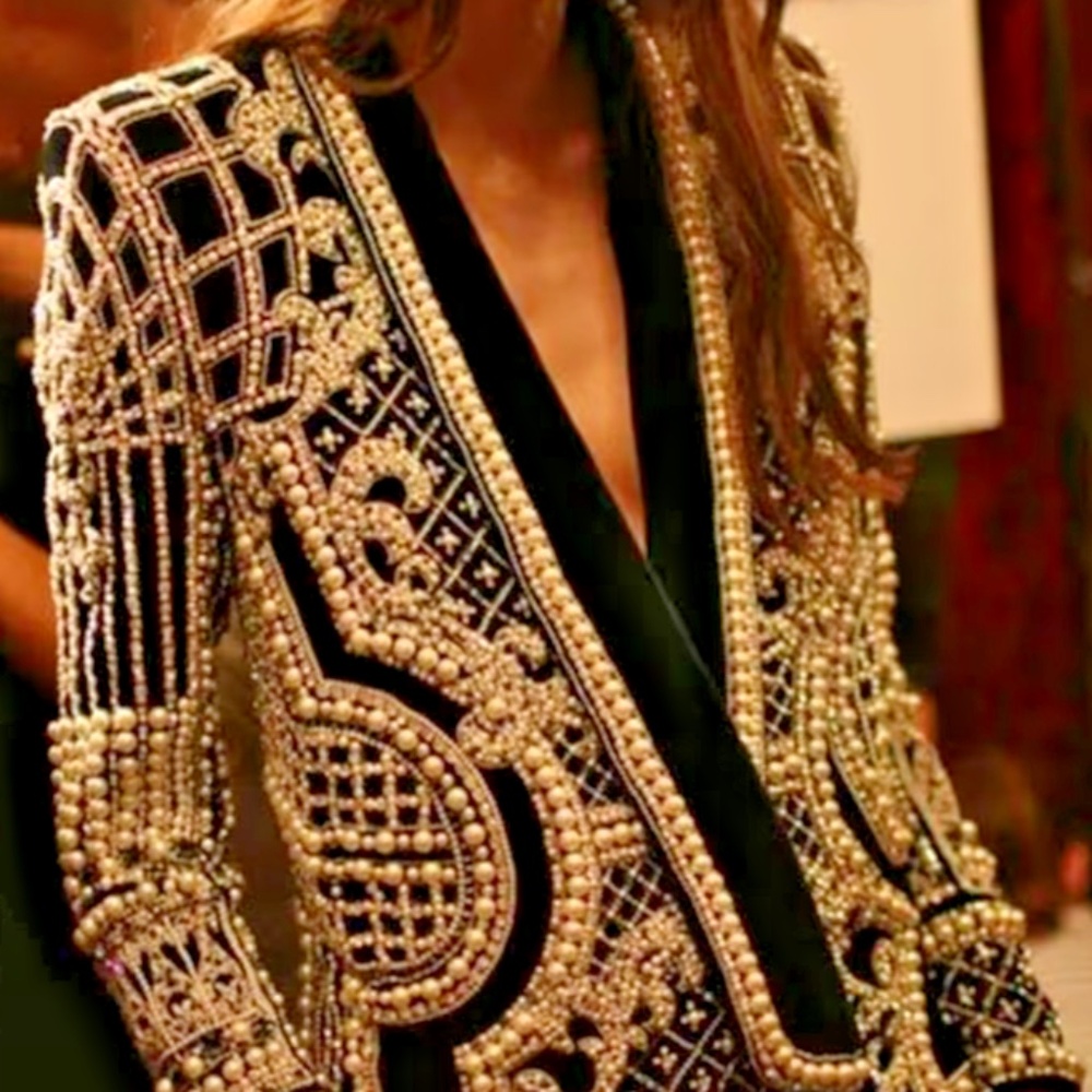 Elegant Black Blazer with Gold and Pearl Details Size M/L